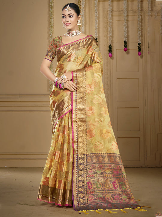 Beige Organza Saree With Blouse Piece