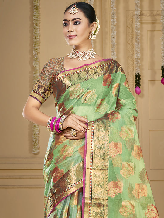 Green Organza Saree With Blouse Piece