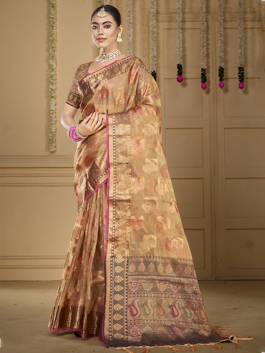 Brown Organza Saree With Blouse Piece