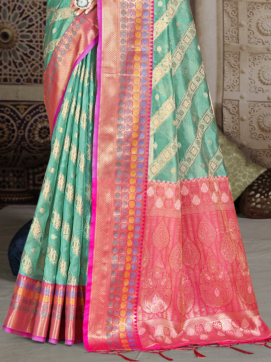 Teal Silk Saree With Blouse Piece