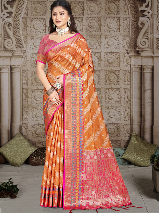 Orange Silk Saree With Blouse Piece