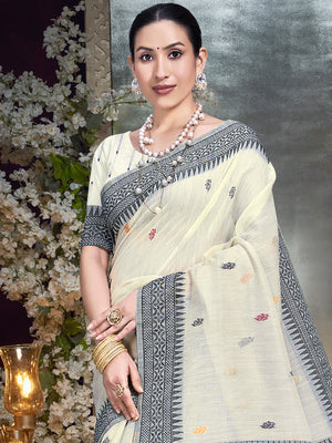 Cream Cotton Saree With Blouse Piece