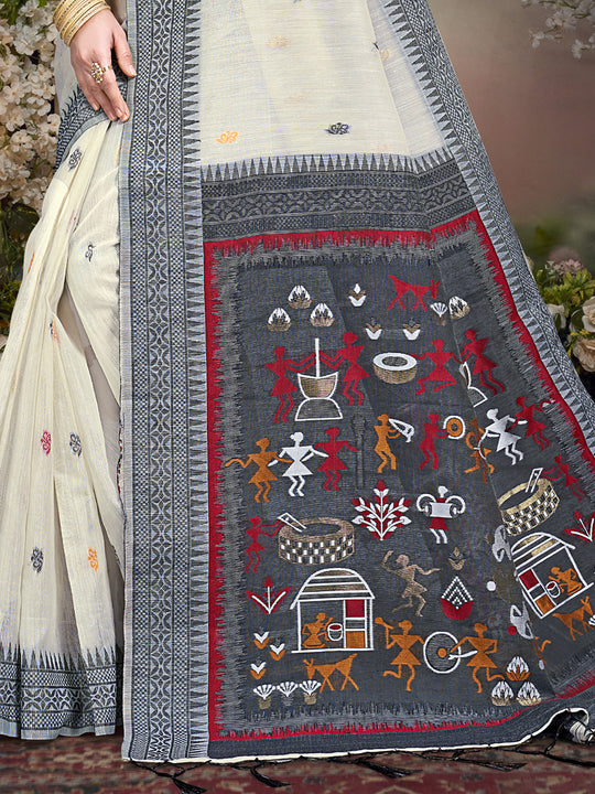 Cream Cotton Saree With Blouse Piece