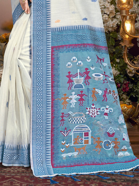 Cream Cotton Saree With Blouse Piece