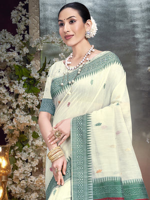 Cream Cotton Saree With Blouse Piece