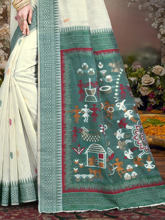 Cream Cotton Saree With Blouse Piece