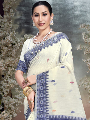 Cream Cotton Saree With Blouse Piece