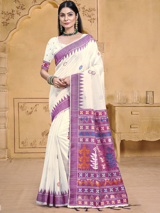 Cream Cotton Saree With Blouse Piece