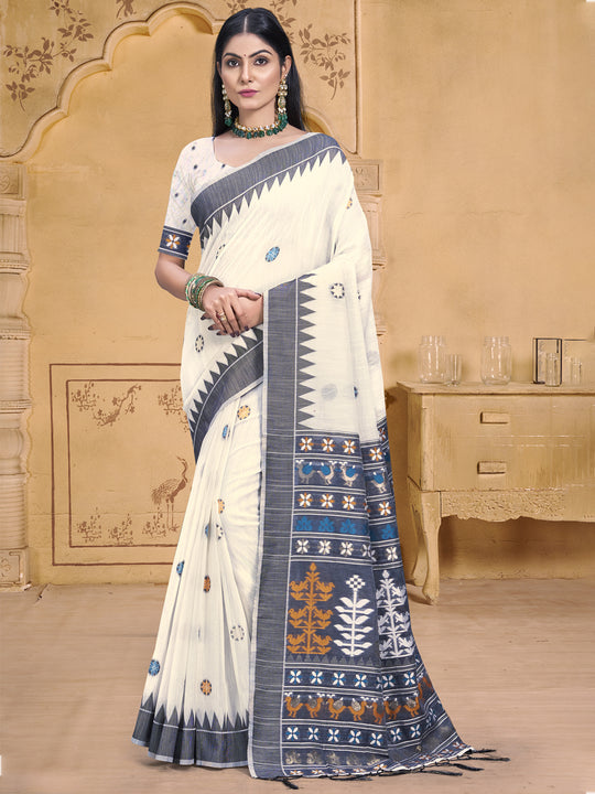 Cream Cotton Saree With Blouse Piece