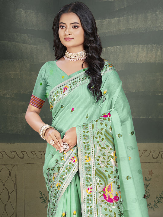 Pista Green Cotton Saree With Blouse Piece