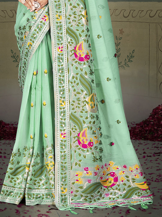 Pista Green Cotton Saree With Blouse Piece