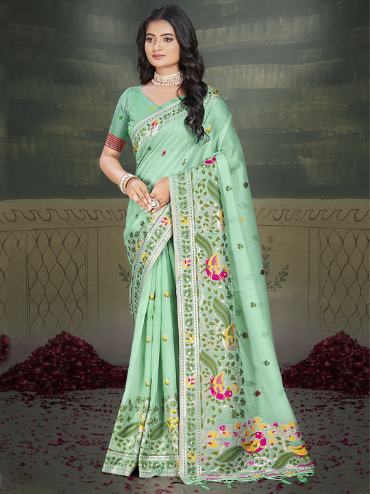 Pista Green Cotton Saree With Blouse Piece