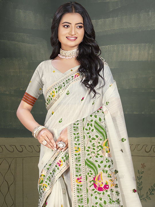 Cream Cotton Saree With Blouse Piece