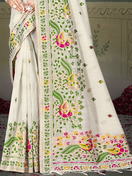 Cream Cotton Saree With Blouse Piece