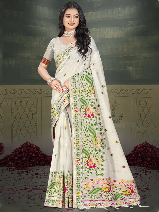 Cream Cotton Saree With Blouse Piece