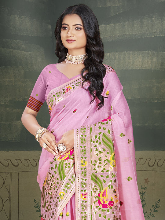 Pink Cotton Saree With Blouse Piece
