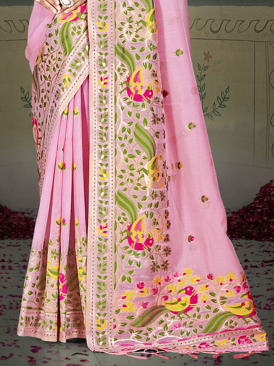 Pink Cotton Saree With Blouse Piece