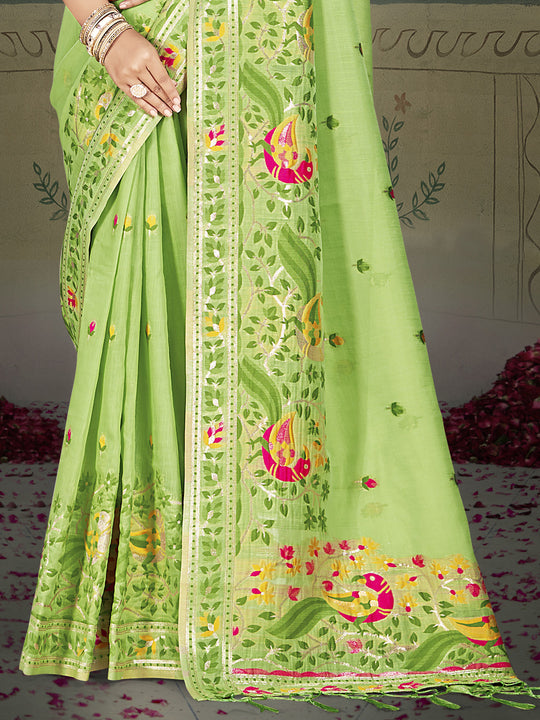 Green Cotton Saree With Blouse Piece