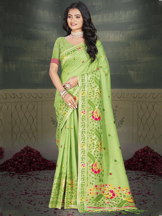 Green Cotton Saree With Blouse Piece