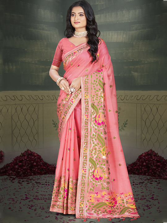 Pink Cotton Saree With Blouse Piece