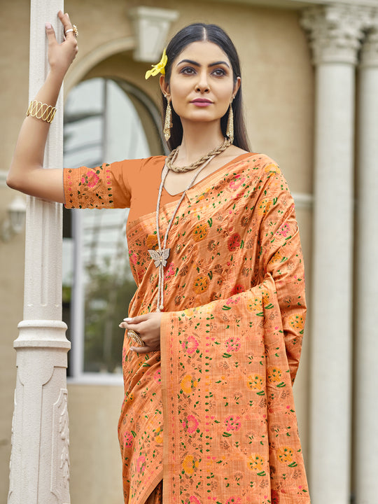 Orange Silk Blend Saree With Blouse Piece