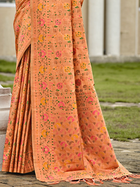 Orange Silk Blend Saree With Blouse Piece
