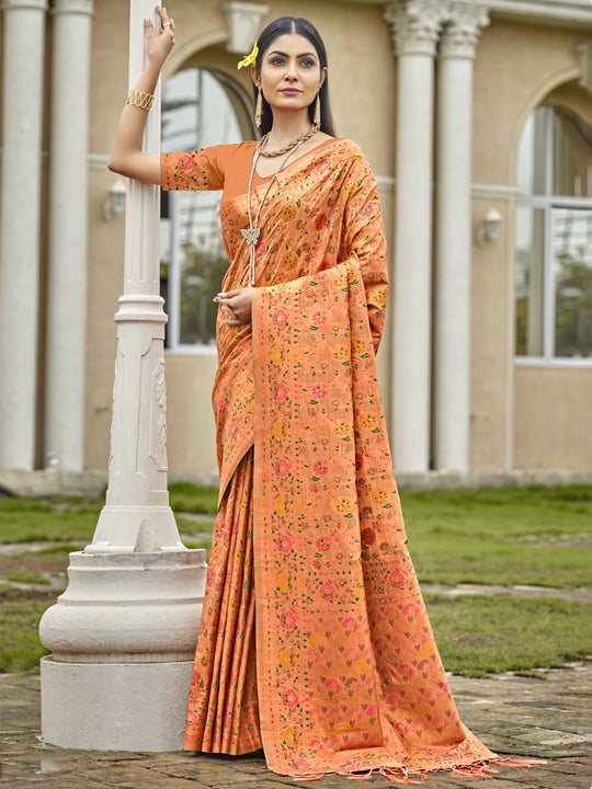 Orange Silk Blend Saree With Blouse Piece