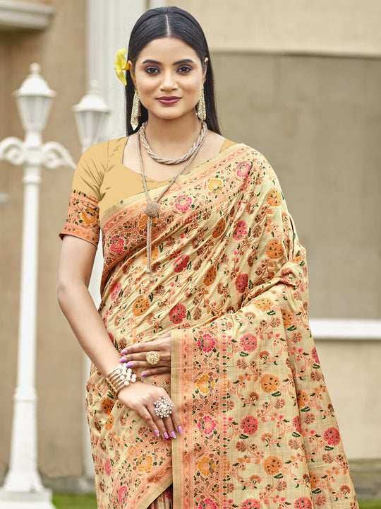 Beige Silk Blend Saree With Blouse Piece