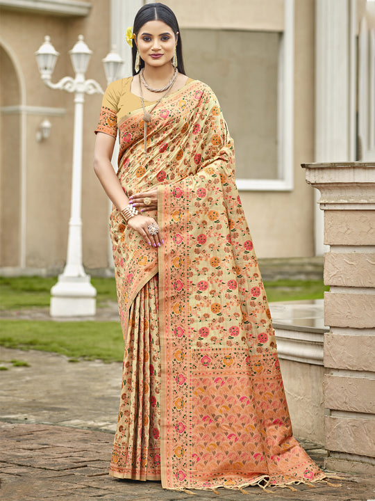 Beige Silk Blend Saree With Blouse Piece