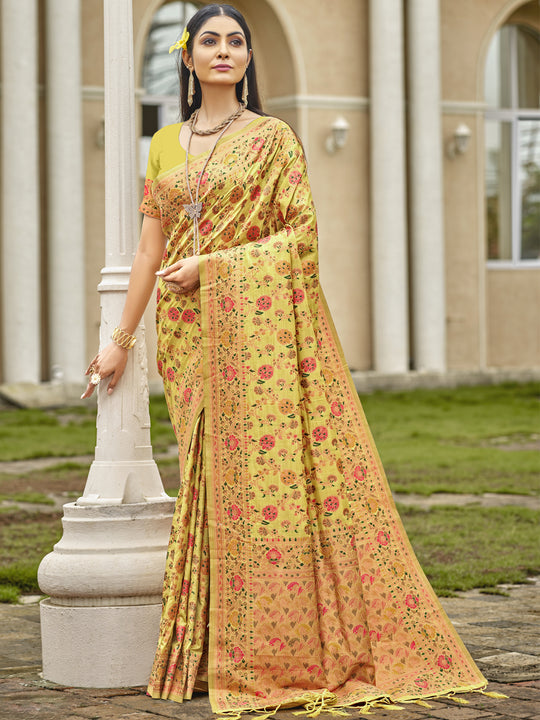 Yellow Silk Blend Saree With Blouse Piece