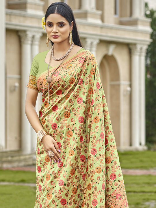 Pista Green Silk Blend Saree With Blouse Piece