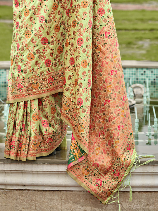 Pista Green Silk Blend Saree With Blouse Piece