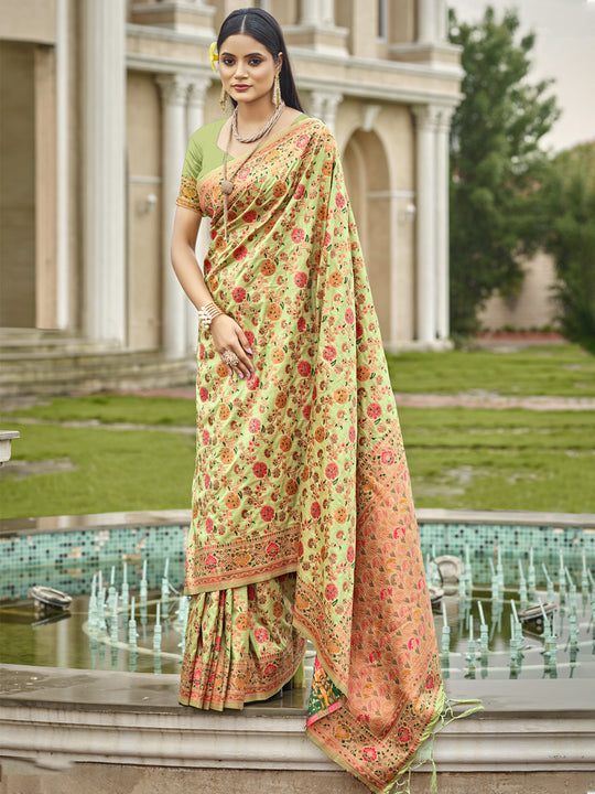 Pista Green Silk Blend Saree With Blouse Piece
