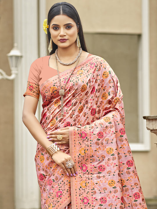 Pink Silk Blend Saree With Blouse Piece