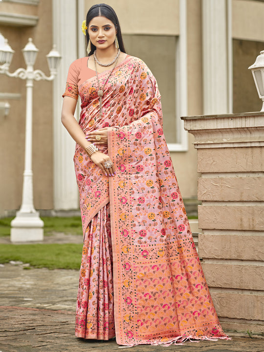 Pink Silk Blend Saree With Blouse Piece