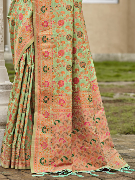 Green Silk Blend Saree With Blouse Piece