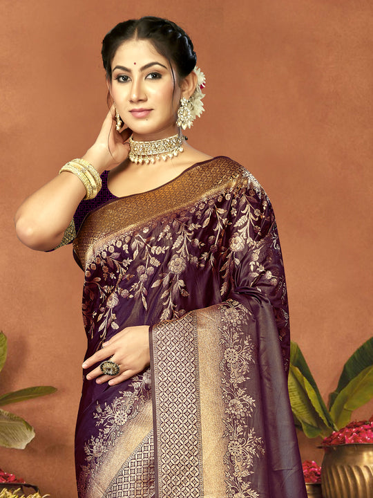 Purple Satin Saree With Blouse Piece