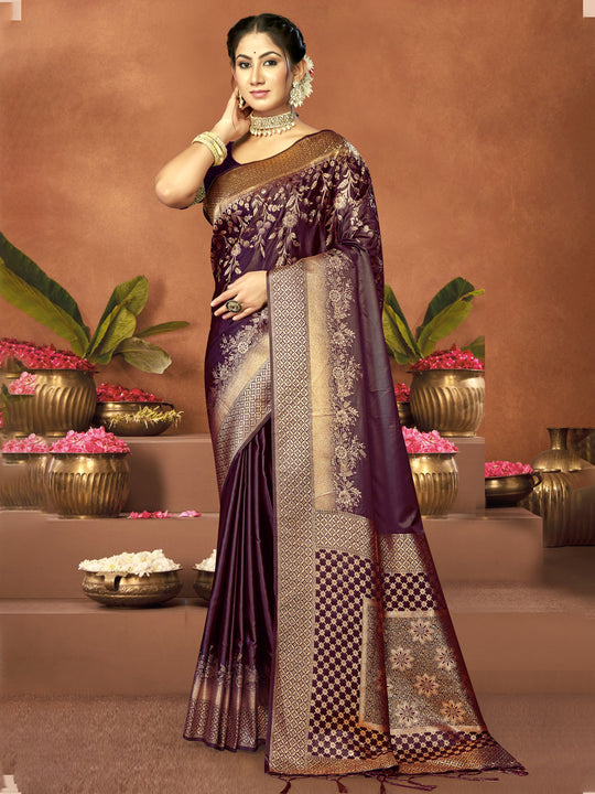 Purple Satin Saree With Blouse Piece