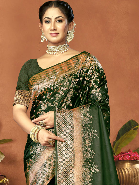 Green Satin Saree With Blouse Piece
