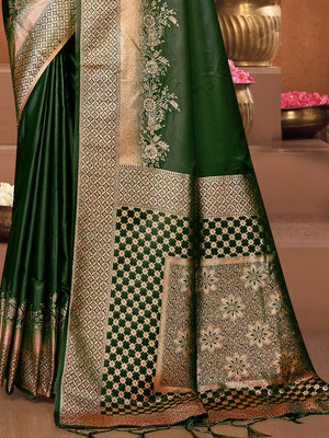 Green Satin Saree With Blouse Piece
