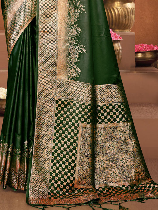 Green Satin Saree With Blouse Piece