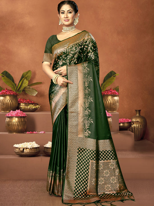 Green Satin Saree With Blouse Piece