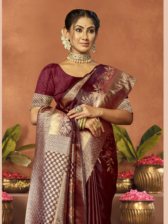 Burgundy Satin Saree With Blouse Piece