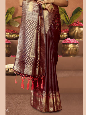 Burgundy Satin Saree With Blouse Piece
