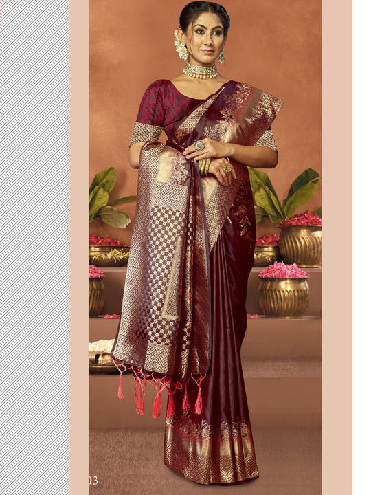 Burgundy Satin Saree With Blouse Piece