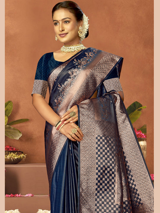 Blue Satin Saree With Blouse Piece