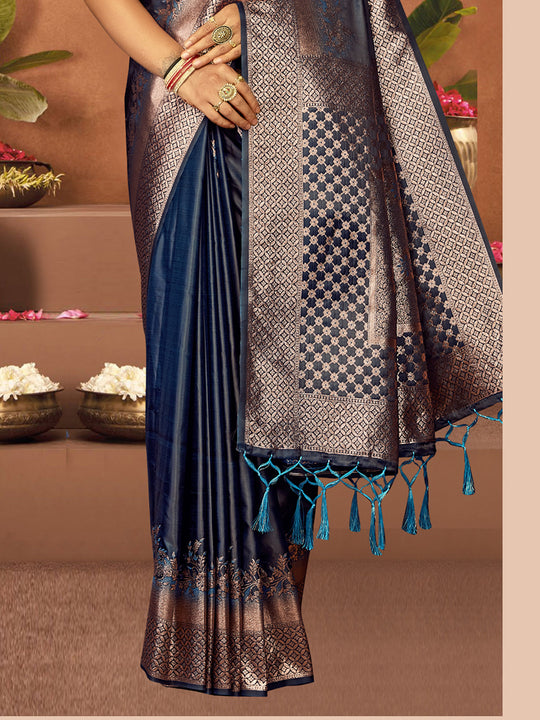 Blue Satin Saree With Blouse Piece