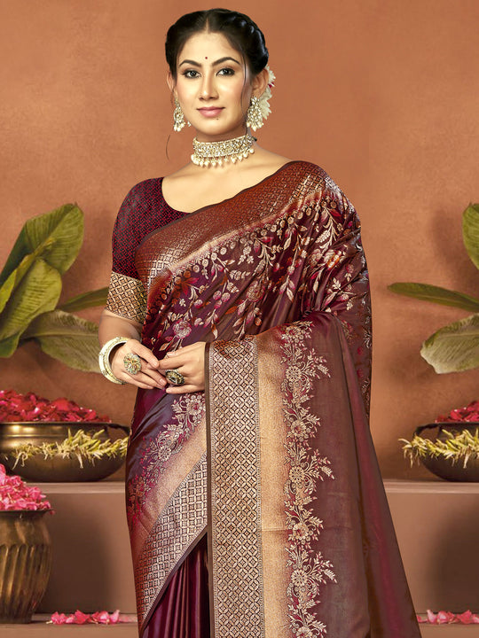 Maroon Satin Saree With Blouse Piece