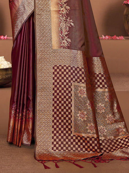 Maroon Satin Saree With Blouse Piece