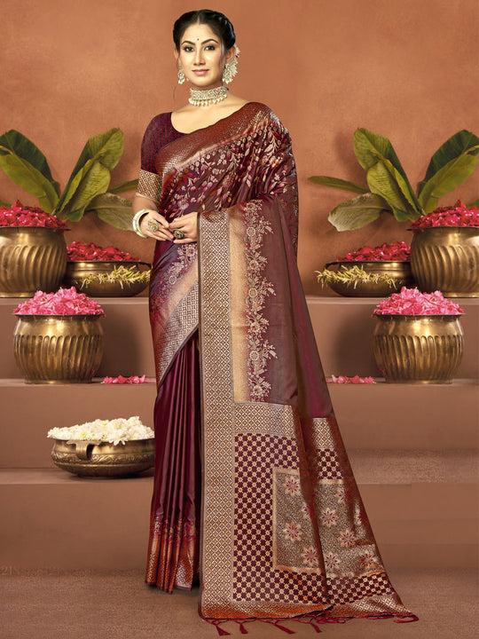 Maroon Satin Saree With Blouse Piece